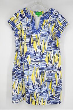 Pappagallo Women Size 12 Sailboat Dress Blue Yellow Nautical Coastal Embroidered
